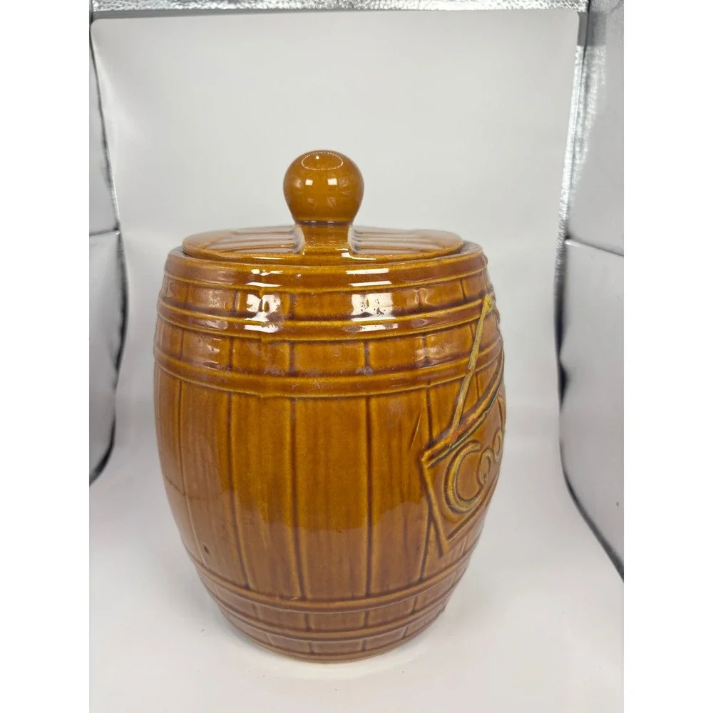 Vintage McCoy Pottery 1950s Brown Barrel Cookies Jar with Lid Mid Century Modern